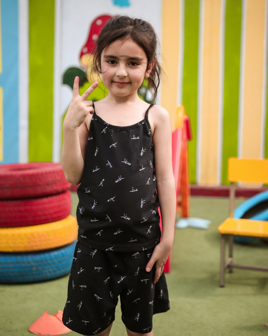 Girl's Black Mini Dino Top & Shorts Set