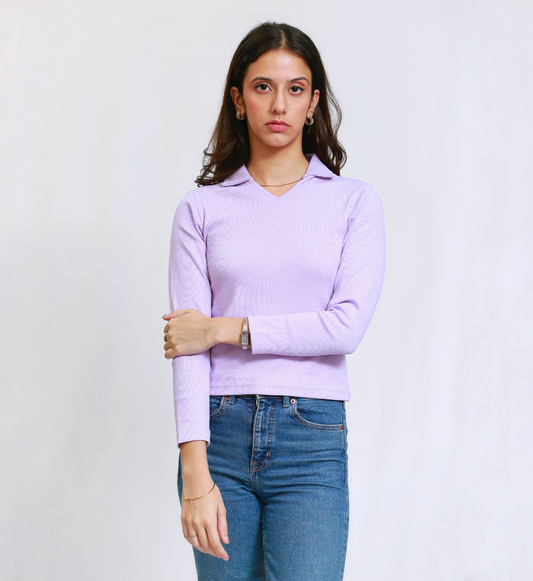 Lilac Full Sleeves Polo Ribbed Shirt