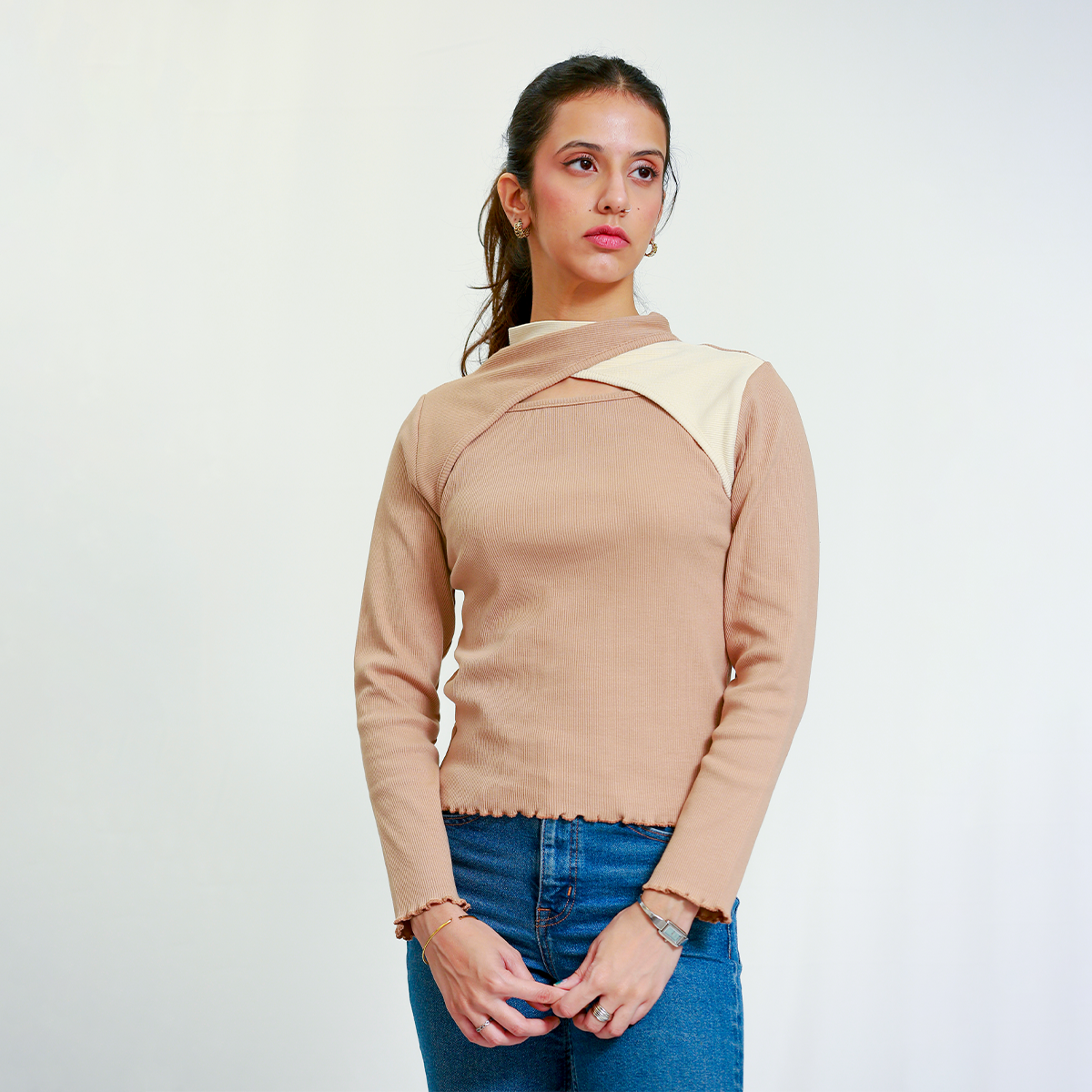 Beige and Off White Cutout Neck Ribbed Shirt