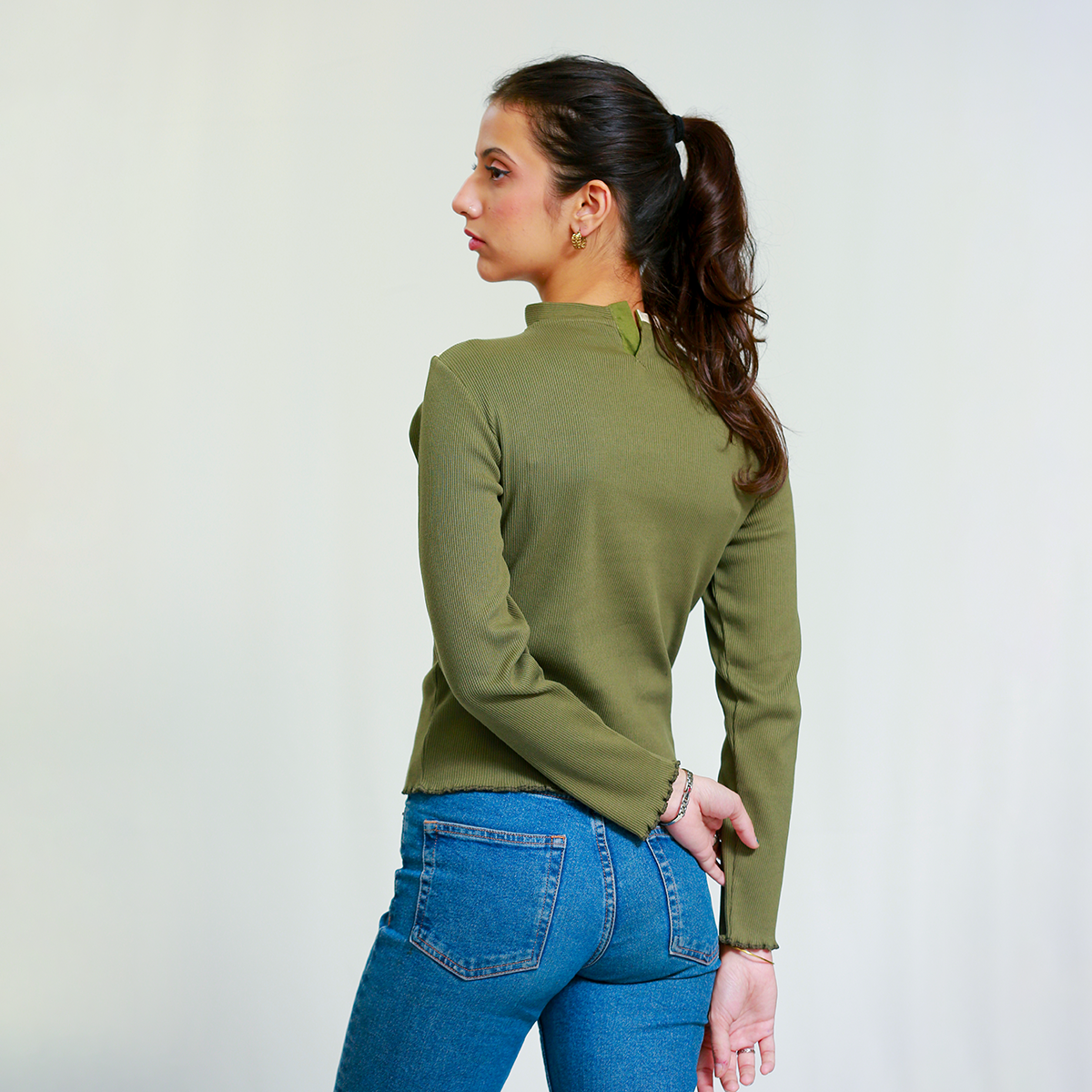 Olive Green and Off White Cutout Neck Ribbed Shirt