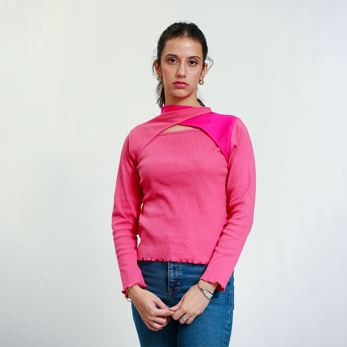 Pink Two Toned Cutout Neck Ribbed Shirt