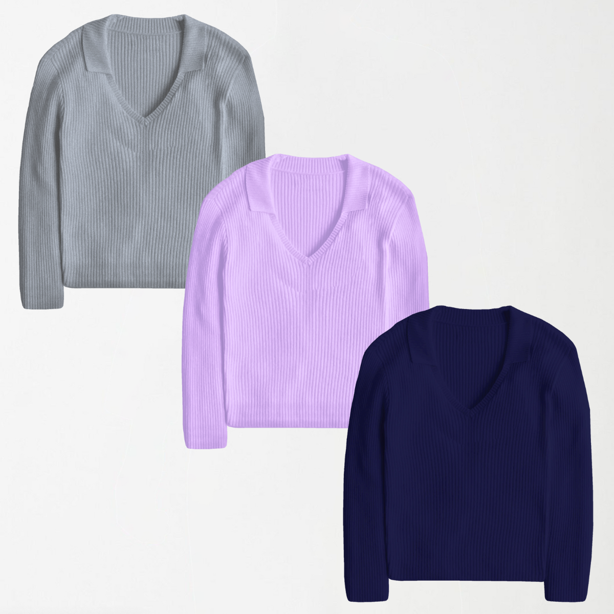 Full Sleeves Polo Ribbed Shirts - Bundle of 3 (Heather Grey, Lilac, Navy Blue)