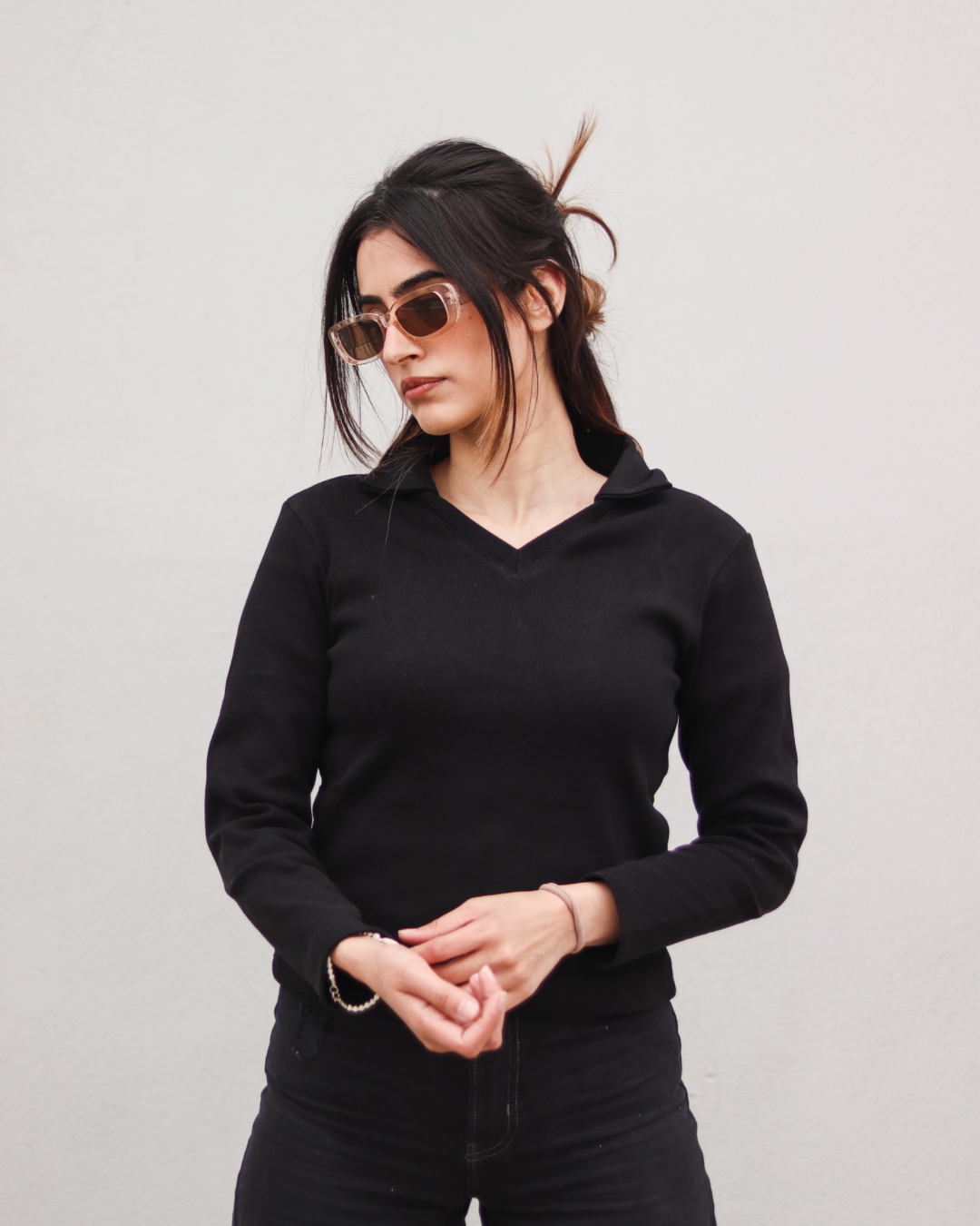 Black Ribbed Sleeve Polo T-shirt