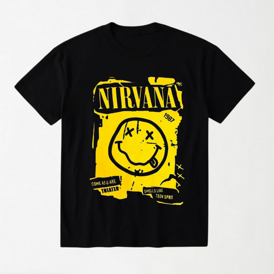 Nirvana Yellow Smiley - Black Round Neck Unisex T-Shirt