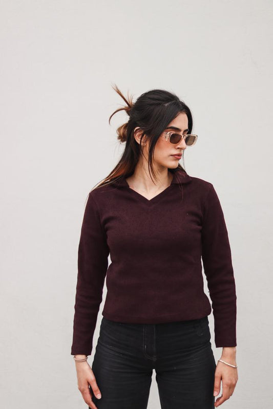 Dotted Burgundy Full Sleeves Polo Ribbed Shirt