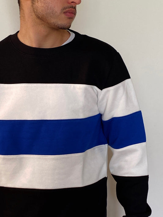 Striped Black, Blue, and White Sweatshirt