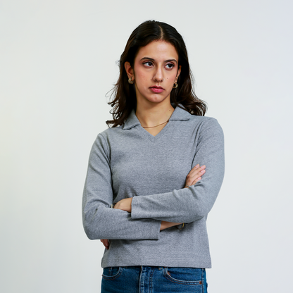 Heather Grey Full Sleeves Polo Ribbed Shirt