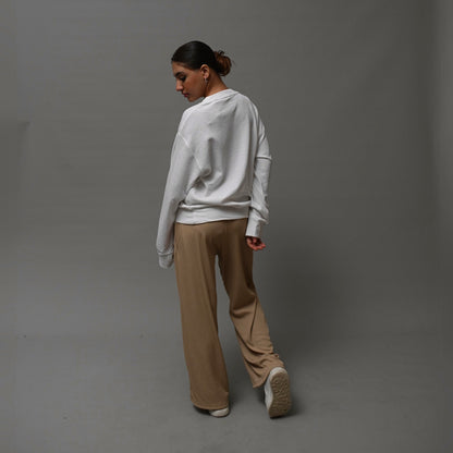 Beige Ribbed Straight Leg Pants