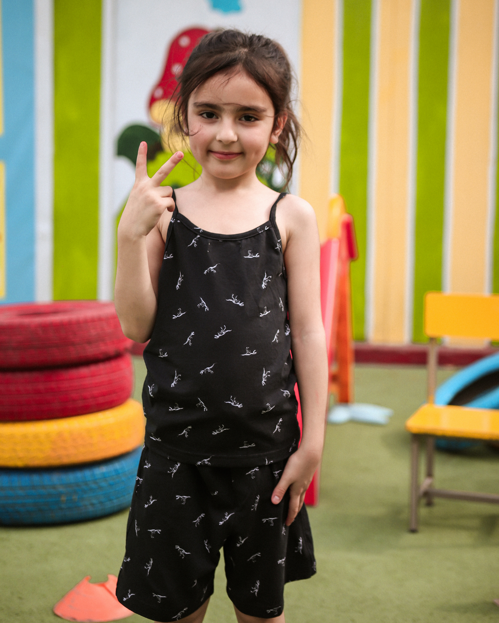 Girl's Black Mini Dino Top & Shorts Set