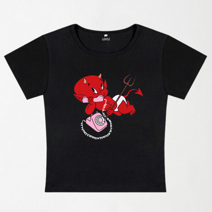 Little Devil On The Phone Y2K Baby Tee