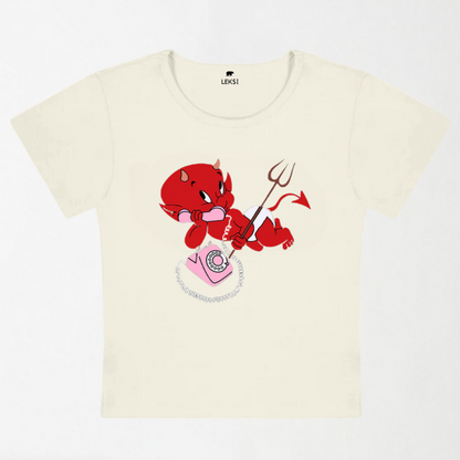 Little Devil On The Phone Y2K Baby Tee