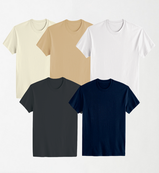 Bundle Deal 5 -  5 Round Neck Unisex T-Shirts (Off-White, Khaki, White, Grey, Navy Blue)