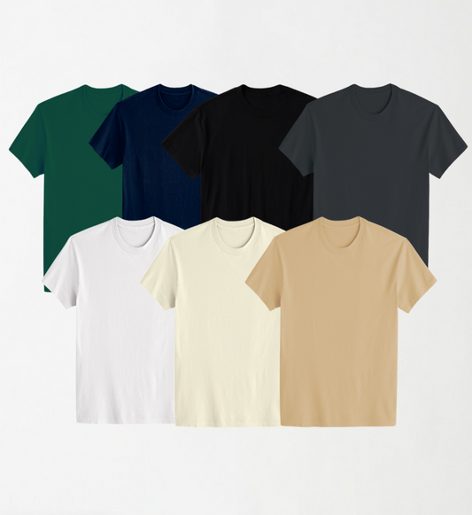 Bundle Deal 6 -  7 Round Neck Unisex T-Shirts (Dark Green, Navy Blue, Black, Grey, White, Off-White, Khaki)