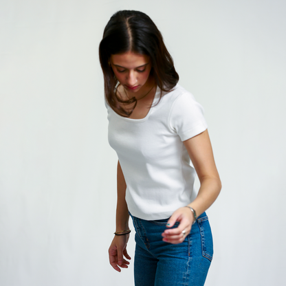 White Square Neck Ribbed Shirt