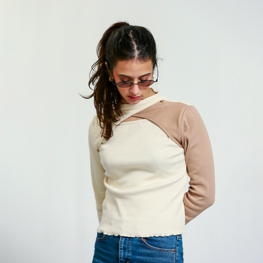 Off White and Beige Cutout Neck Ribbed Shirt