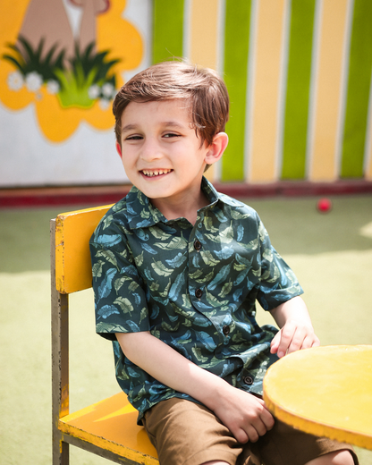 Green Tropical Short-Sleeves Boys Collared Shirt