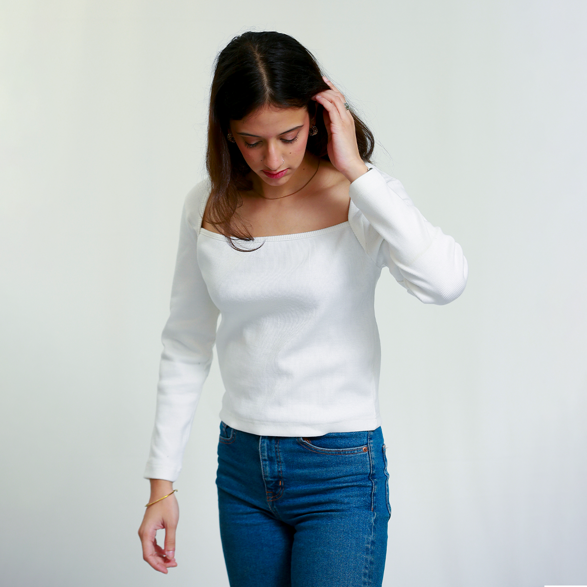 White Broad Neck Full Sleeves Ribbed Shirt