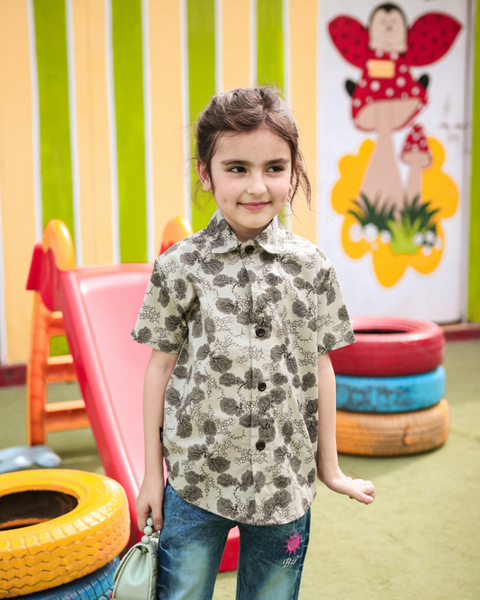 Green Patterned Short-Sleeves Unisex Kids Collared Shirt