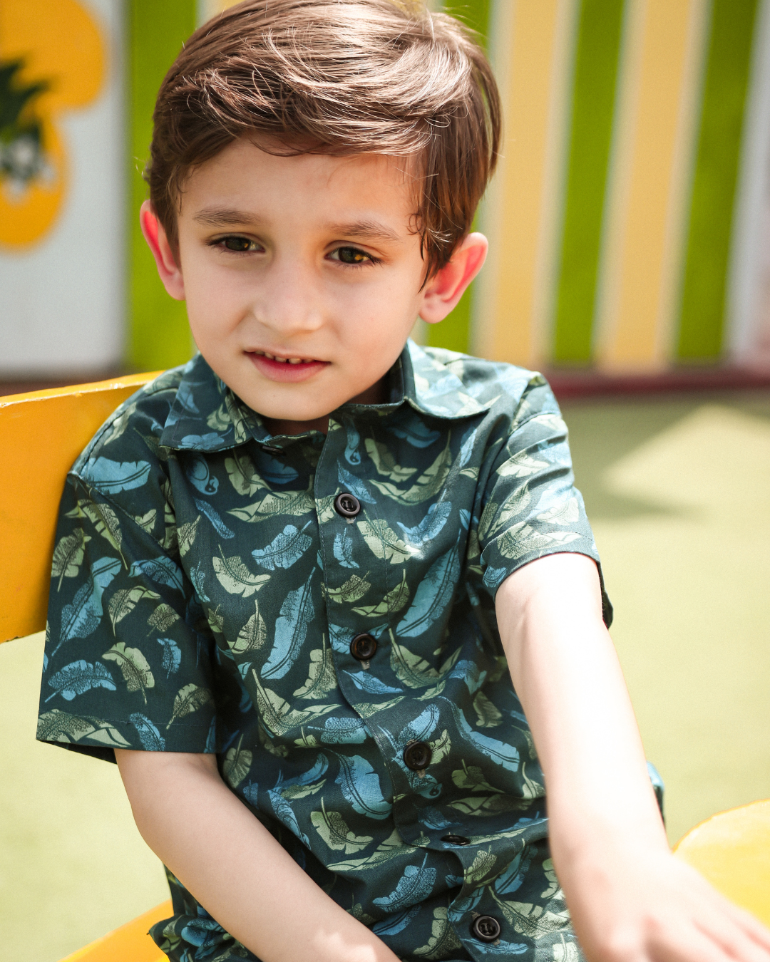 Green Tropical Short-Sleeves Boys Collared Shirt