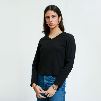 Black Full Sleeves V-Neck Ribbed Shirt