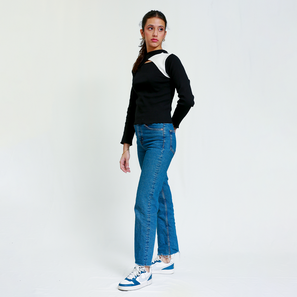 Black and White Cutout Neck Ribbed Shirt
