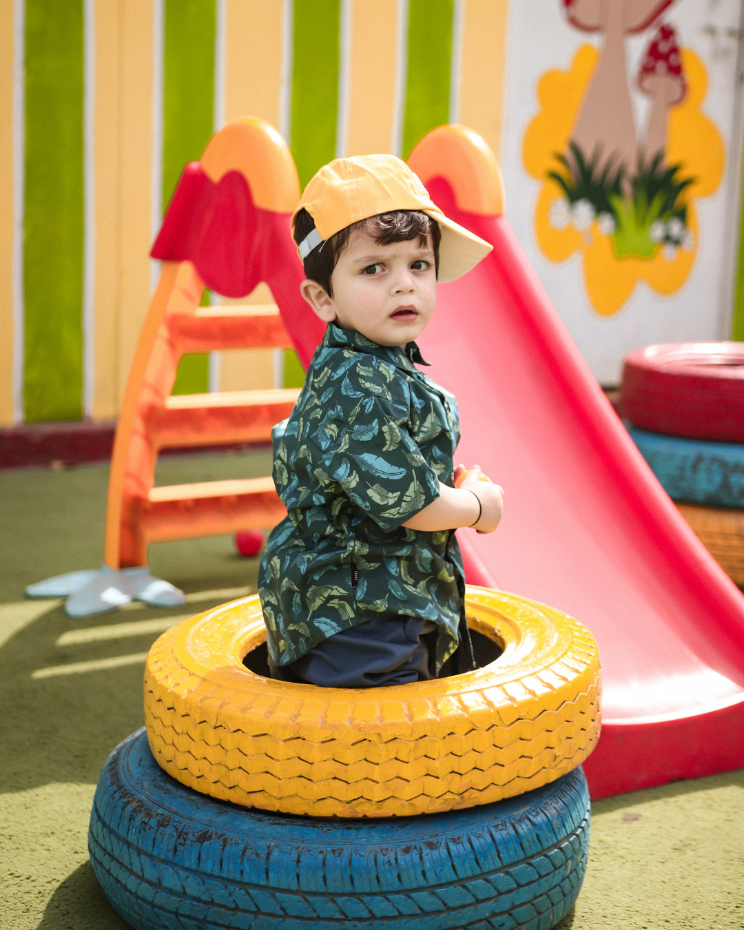 Green Tropical Short-Sleeves Boys Collared Shirt