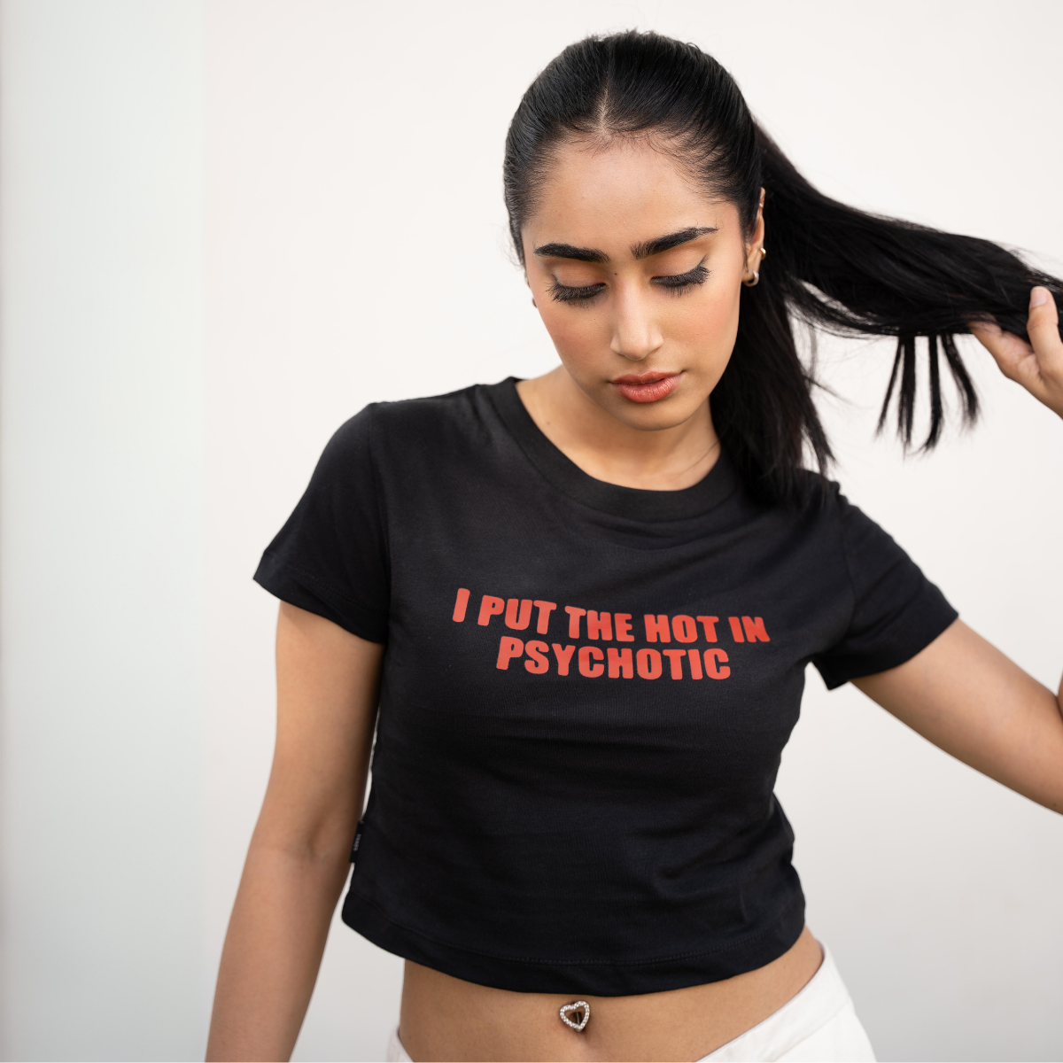 I Put The Hot In Psychotic Y2K Baby Tee