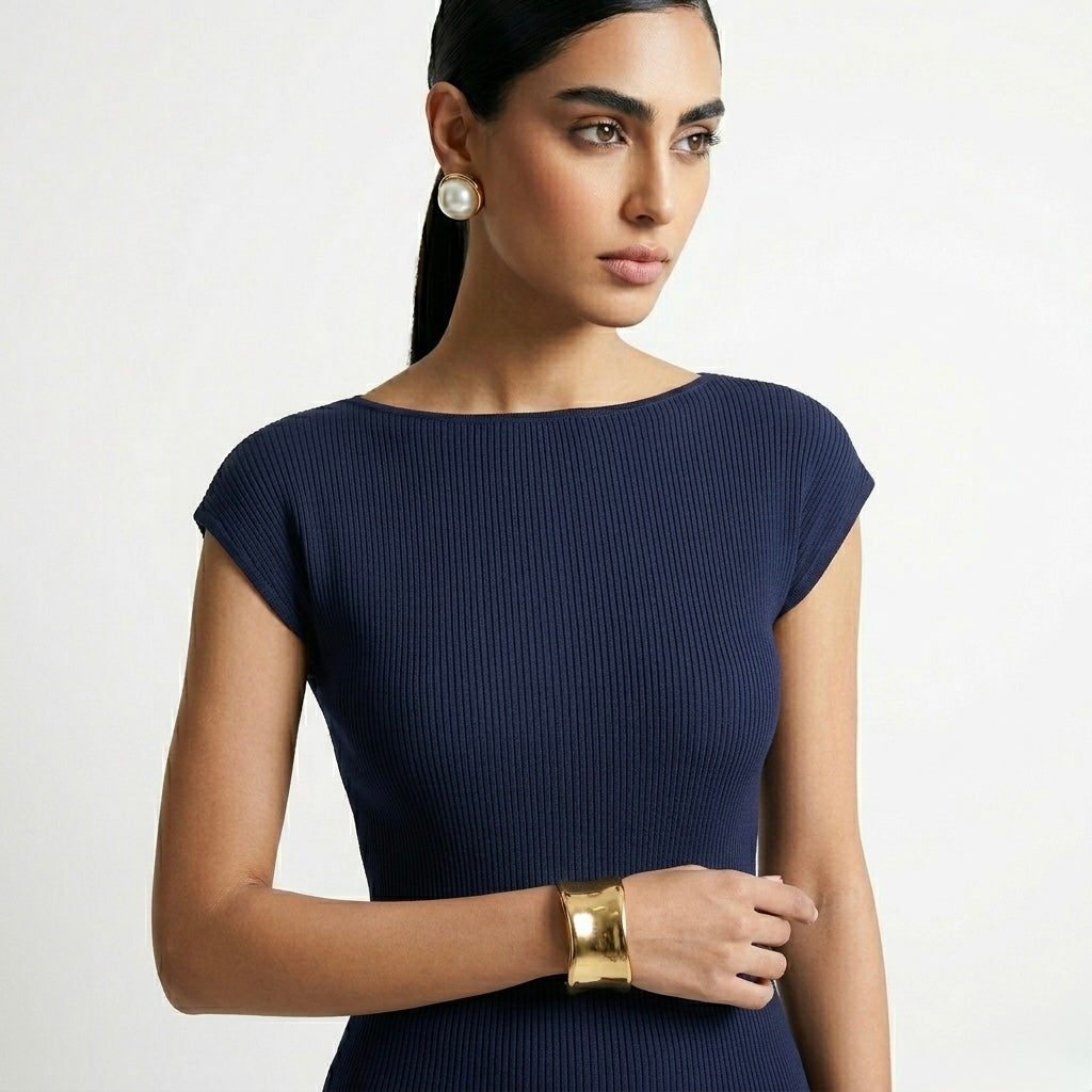 Navy Blue Boat Neck Ribbed Top