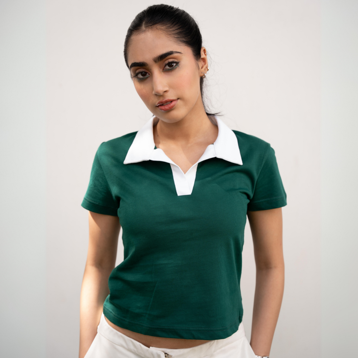 Collared Green Cropped Top