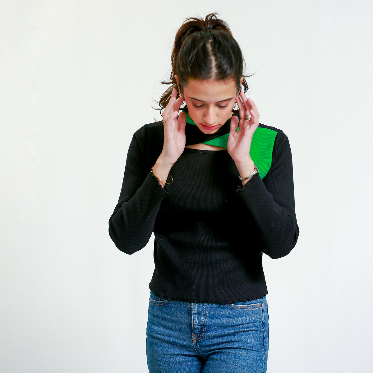 Black & Green Cutout Neck Ribbed Shirt