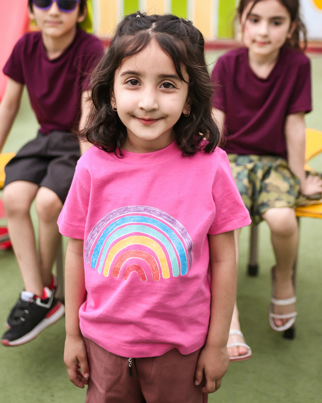 Happy Rainbow - Pink Round Neck Unisex Kids T-Shirt