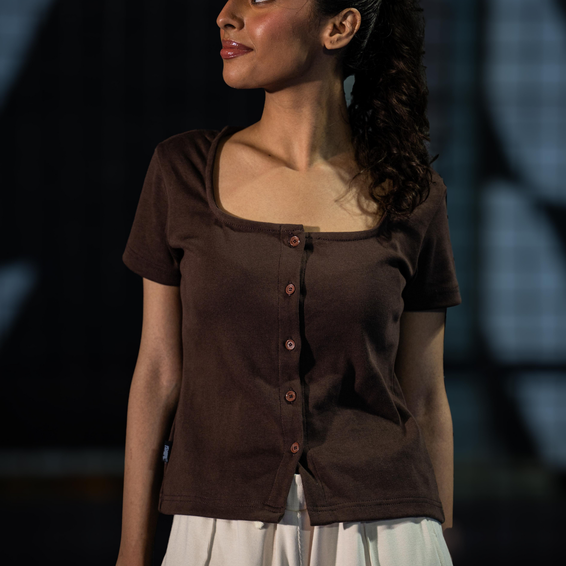 Mocha Earth Button Through Square Neck Top