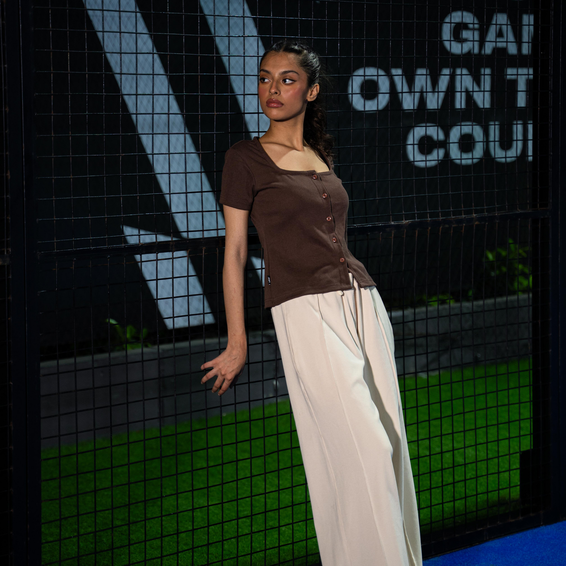 Mocha Earth Button Through Square Neck Top