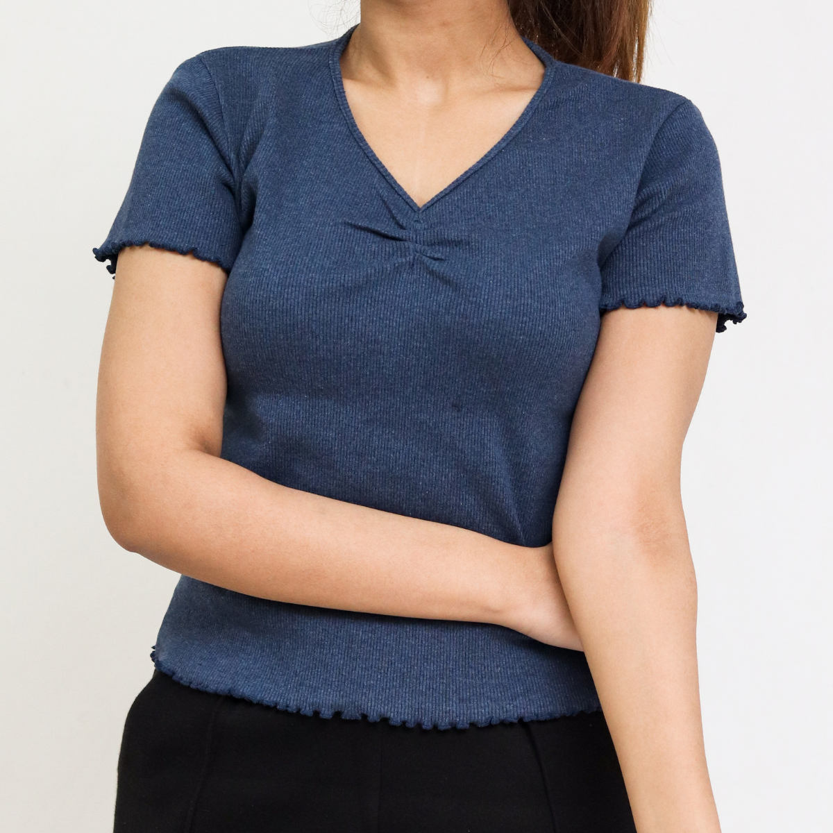 Denim Blue Ribbed V-Neck