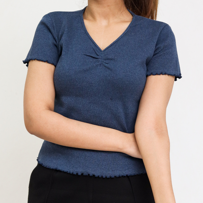 Denim Blue Ribbed V-Neck