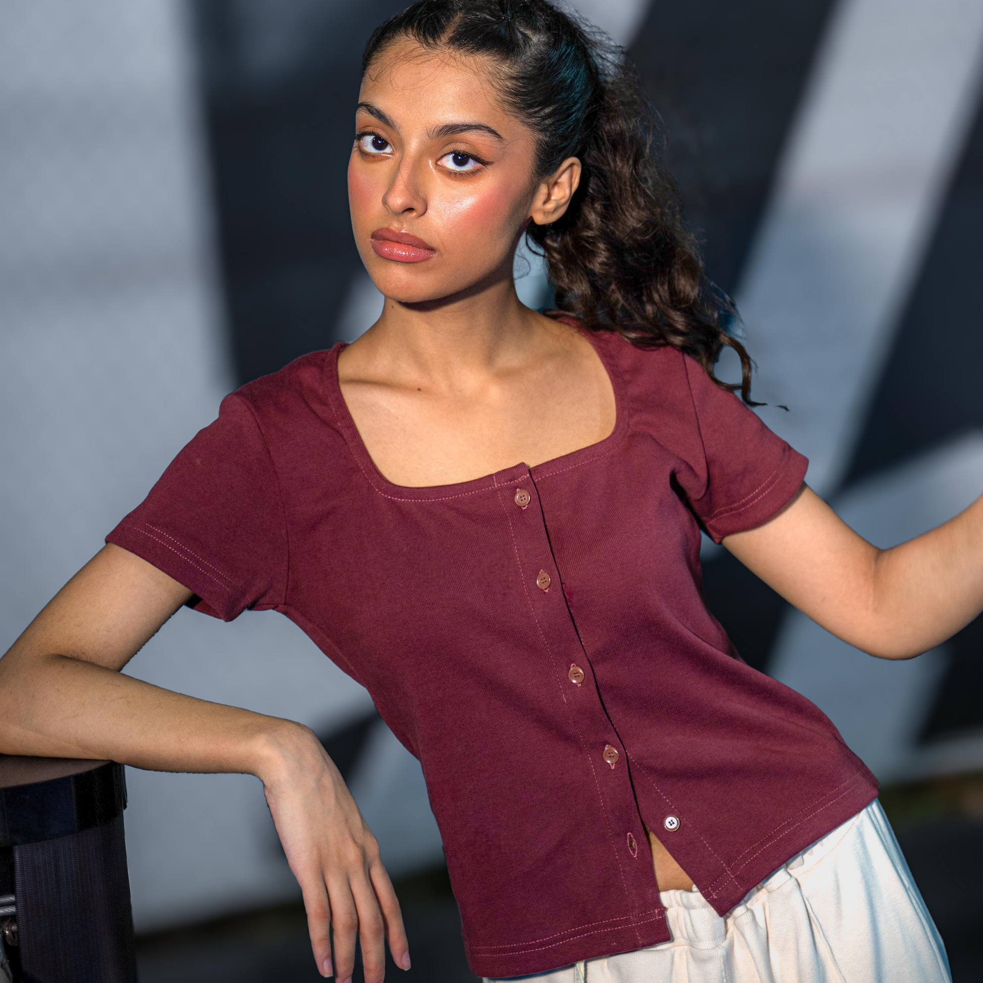 Plum Wood Button Through Square Neck Top