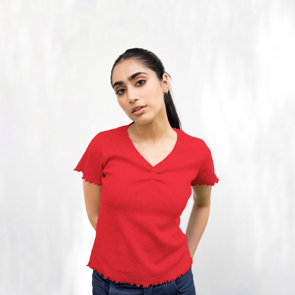 Red Ribbed V-Neck