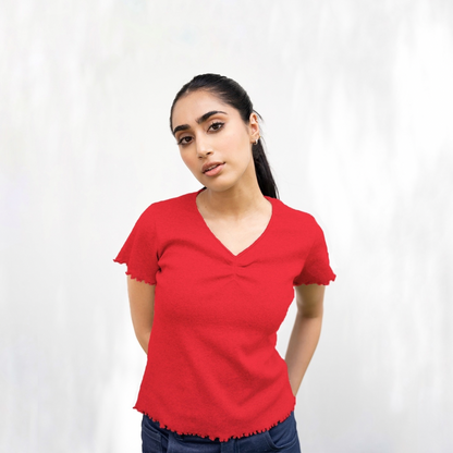 Red Ribbed V-Neck