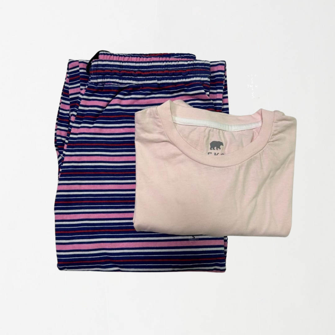 Striped Pyjama Night Suit Set with Baby Pink Tee