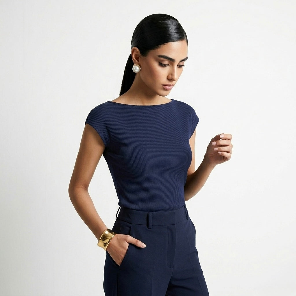 Navy Blue Boat Neck Ribbed Top