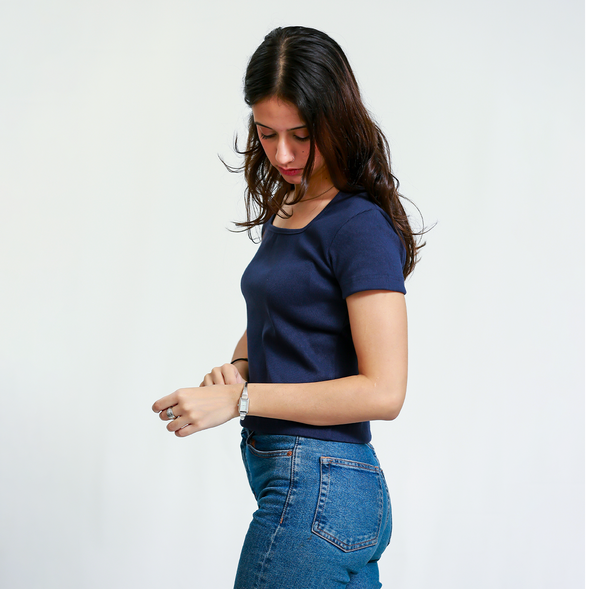 Navy Blue Square Neck Ribbed Shirt