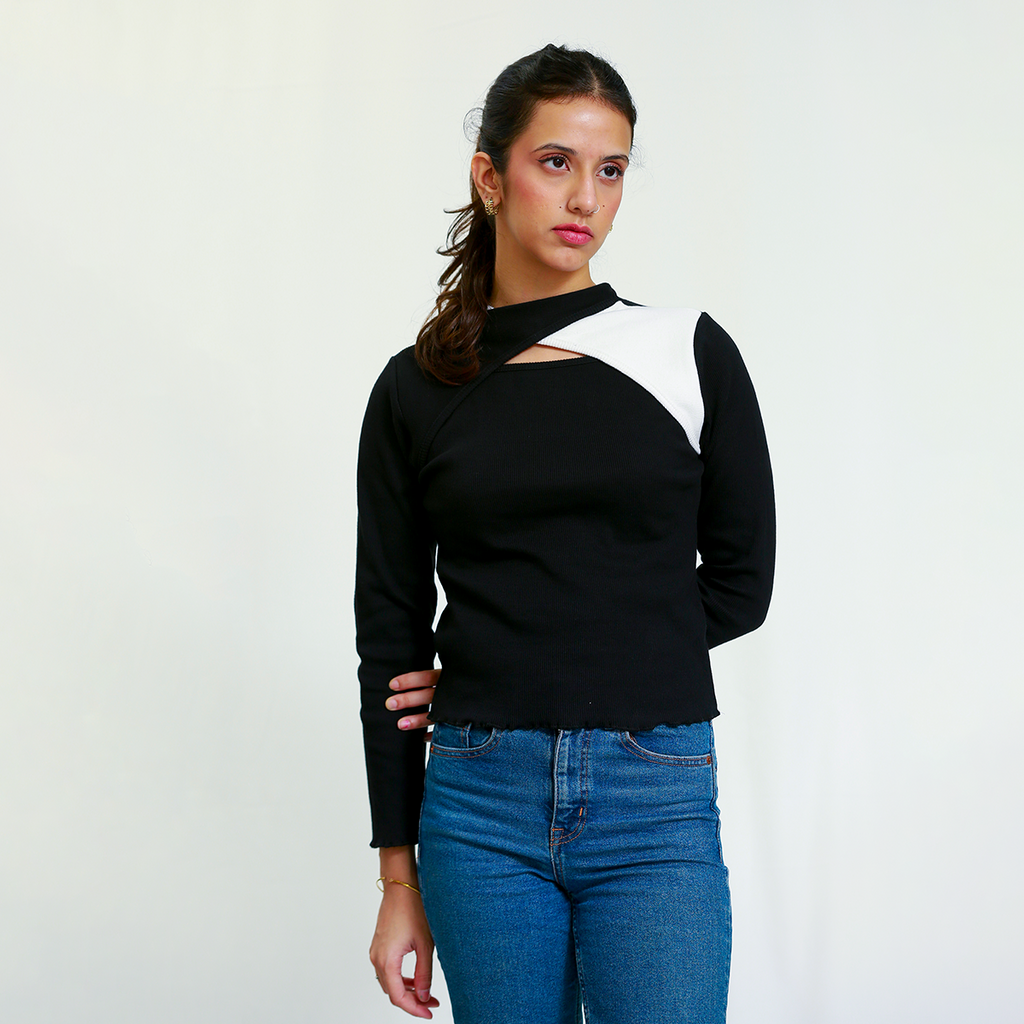 Black and White Cutout Neck Ribbed Shirt