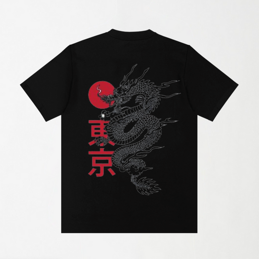 Dragon - Black Round Neck Unisex T-Shirt (Print On Back)