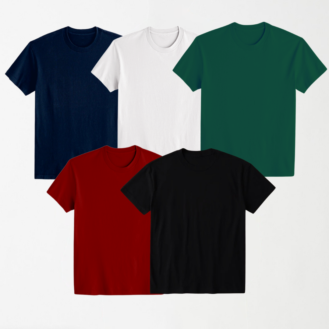 Bundle Deal 5 -  5 Round Neck Unisex T-Shirts (Black, White, Dark Green, Navy Blue, Maroon)