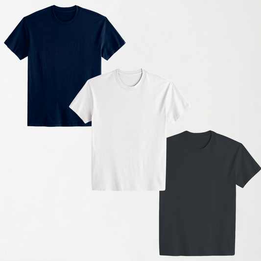 Bundle Deal 1 -  3 Round Neck Unisex T-Shirts (Navy Blue, White, Grey)