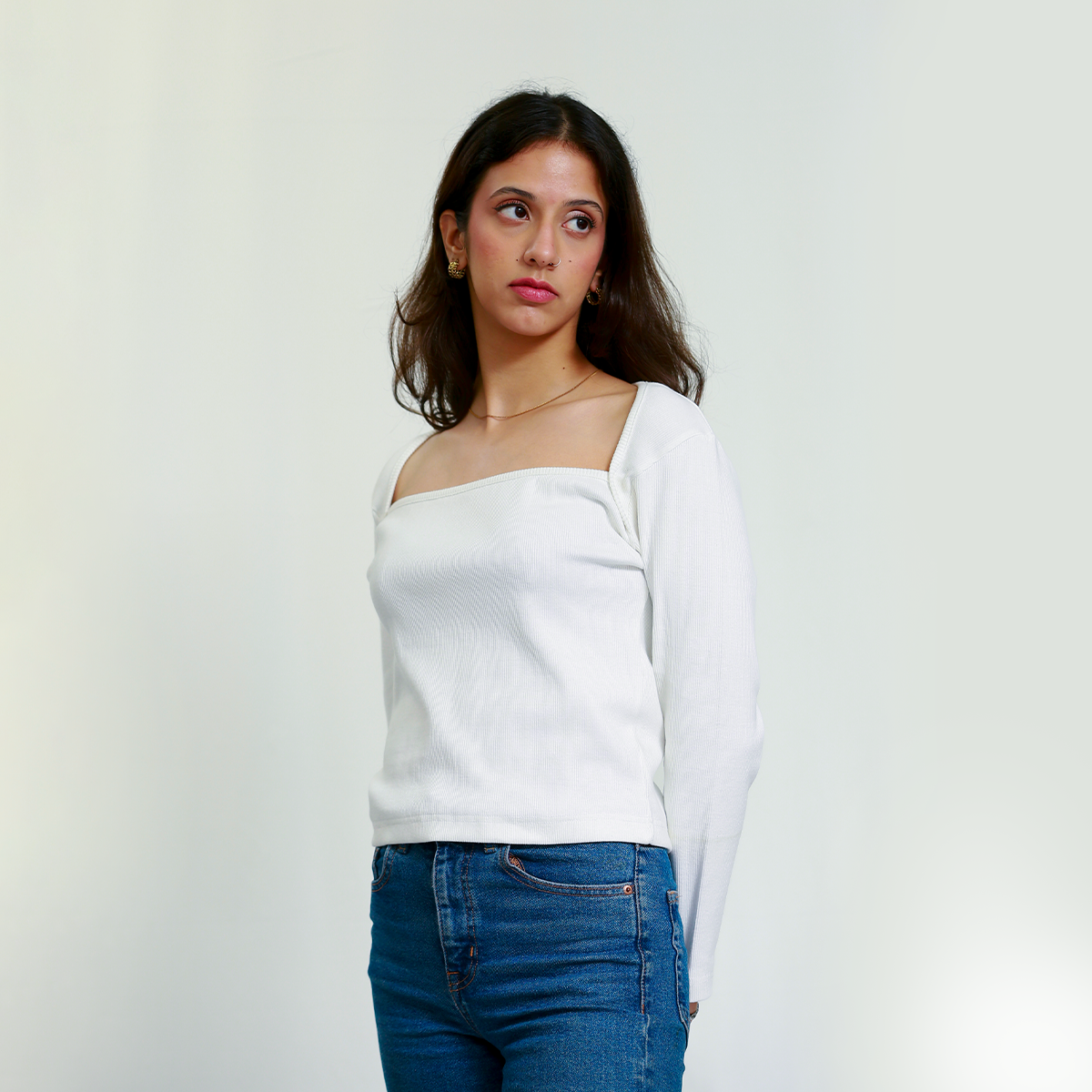White Broad Neck Full Sleeves Ribbed Shirt