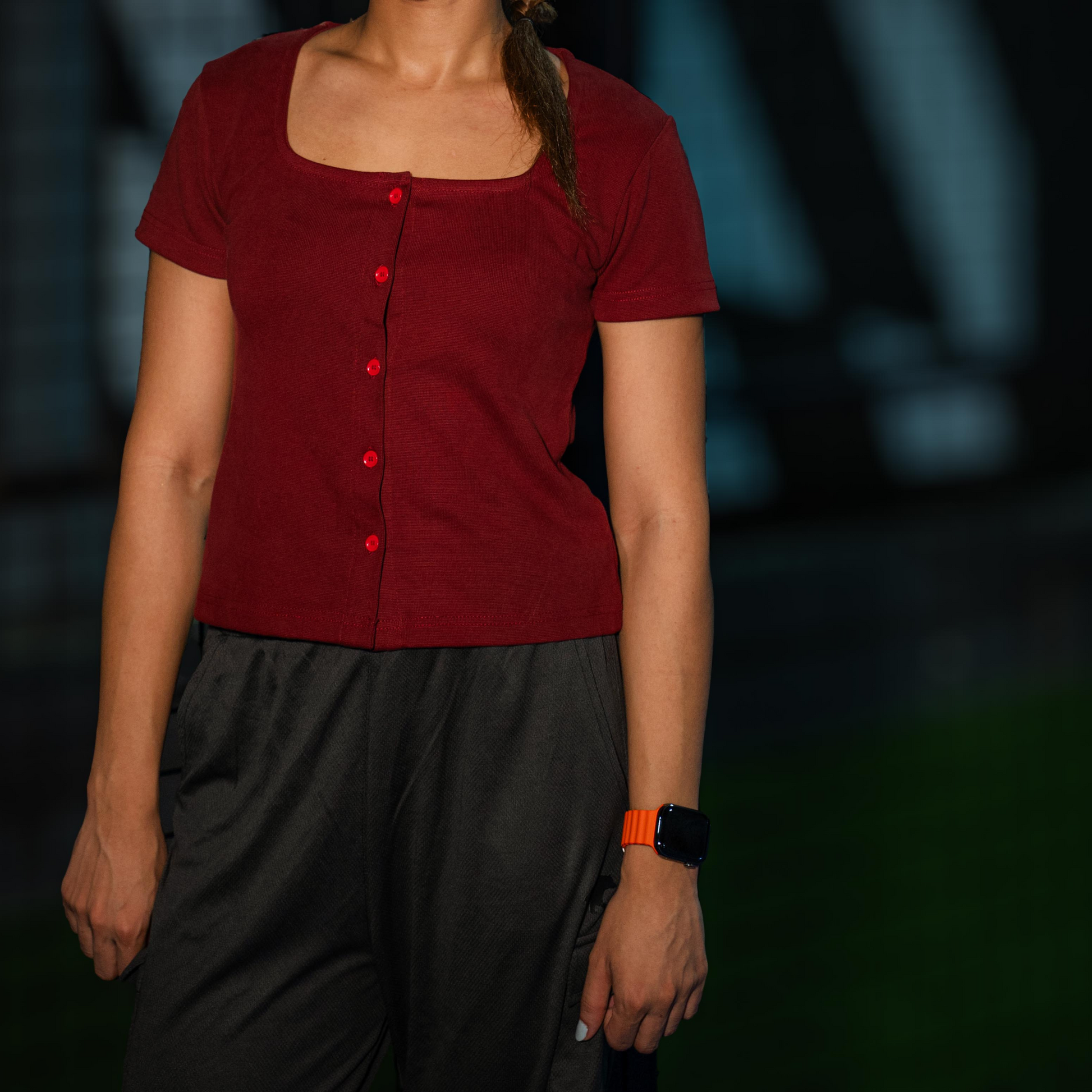 Spiced Crimson Button Through Square Neck Top