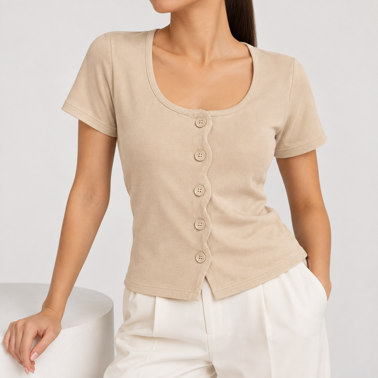 Sand Ribbed Scallop-Edge Ribbed Shirt