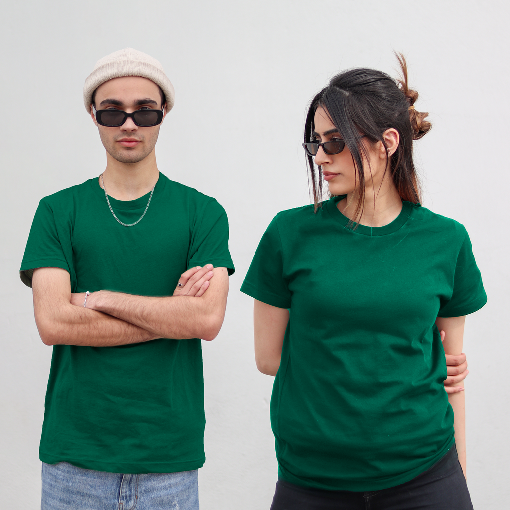 Dark Green - Plain Round Neck Unisex Plain T-Shirt