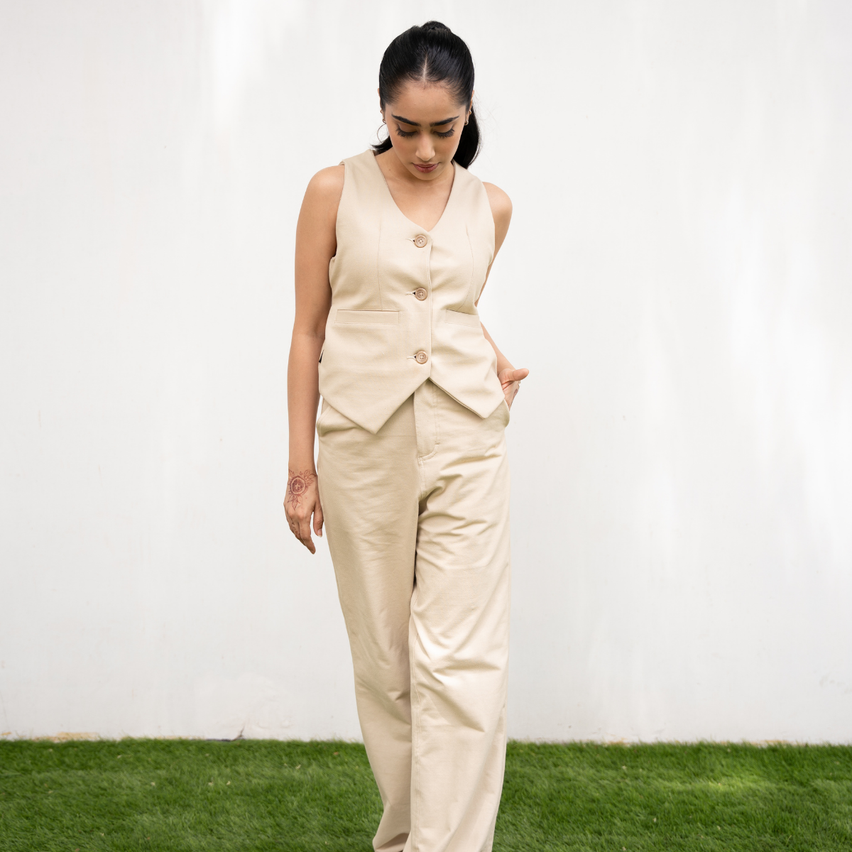 Sandy Beige Waistcoat & Wide-Leg Pants Set